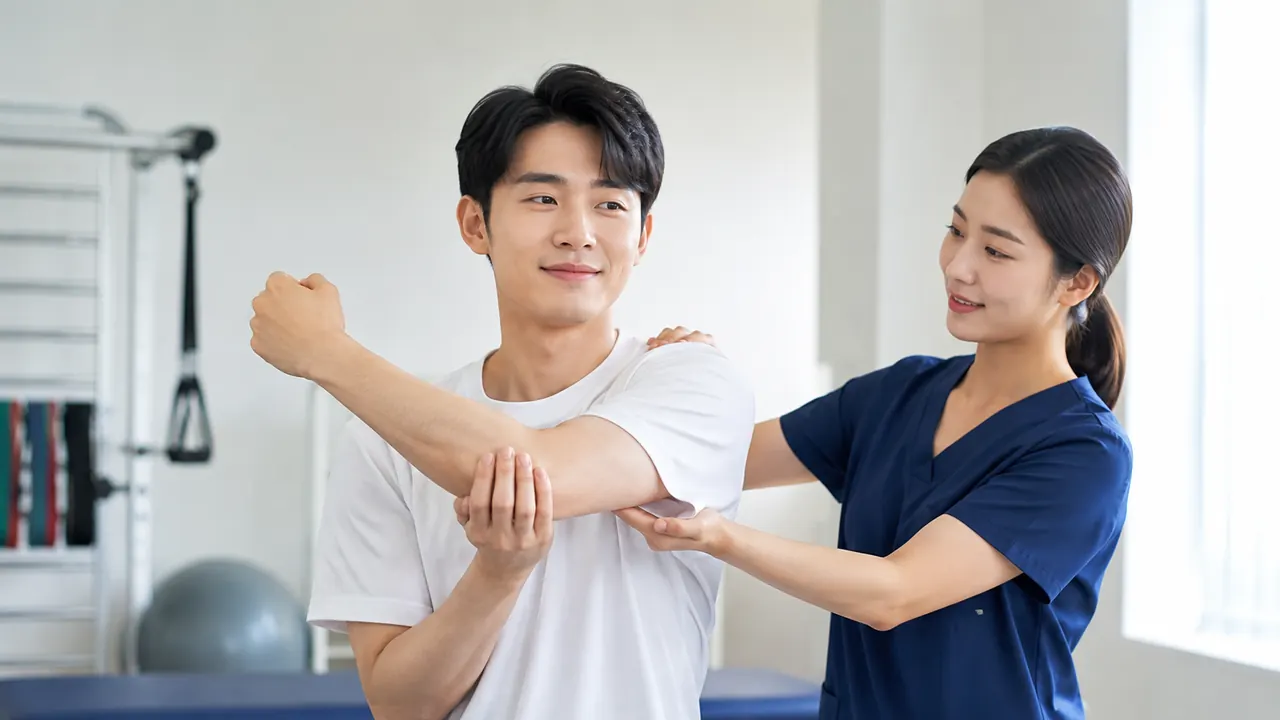 어깨와 목 부위를 스트레칭하며 통증을 관리하는 모습