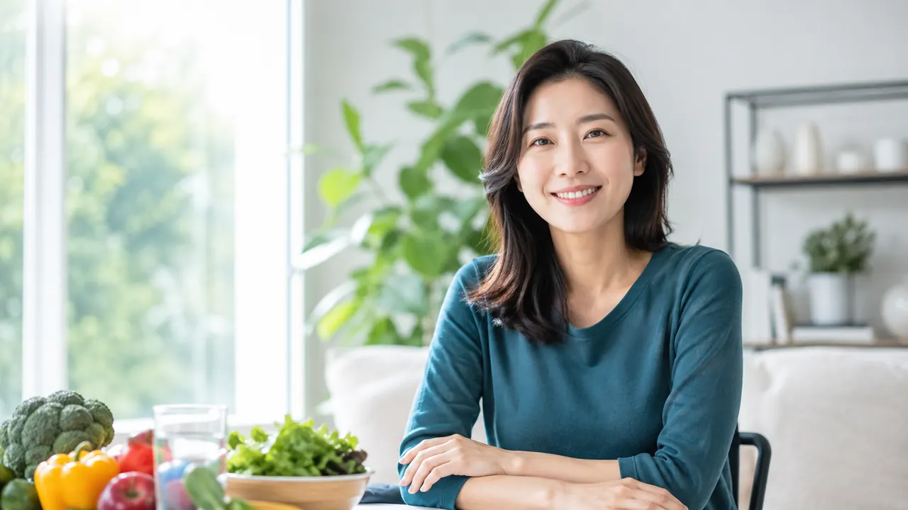 건강한 식탁 앞에서 영양 관리를 생각하는 여성