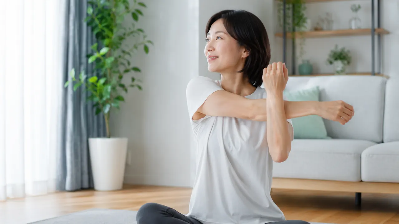 밝은 실내에서 가볍게 스트레칭하며 건강을 관리하는 여성